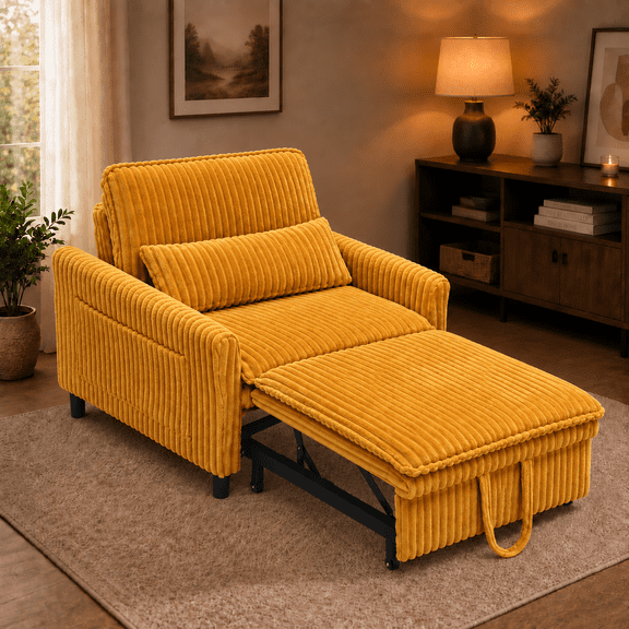 Ehsovlnut 34" Wide 3-in-1 Corduroy Convertible Single Sleeper Sofa with Pull-Out Footrest and Adjustable Backrest