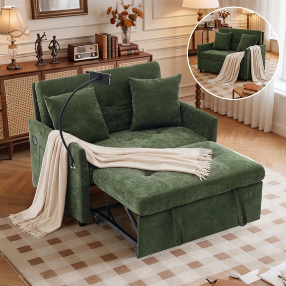 Wansaly 3-in-1 Convertible Sleeper Chair, Modern Foldable Sofa Bed with USB Port & Phone Holder, Linen Single Couch for Small Bedroom, Green