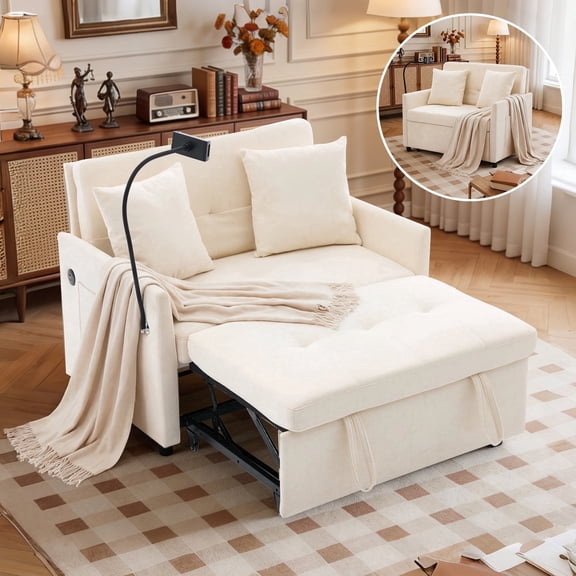 Wansaly 3-in-1 Convertible Sleeper Chair, Modern Foldable Sofa Bed with USB Port & Phone Holder, Linen Single Couch for Small Bedroom, Beige