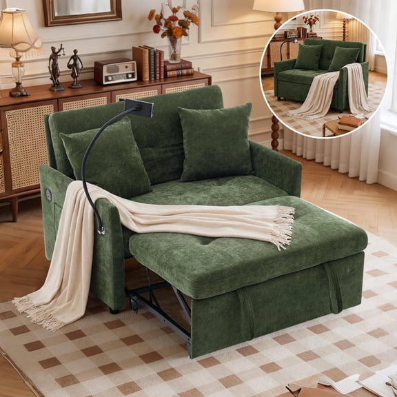 Wansaly 3-in-1 Convertible Sleeper Chair, Modern Foldable Sofa Bed with USB Port & Phone Holder, Linen Single Couch for Small Bedroom, Green