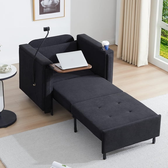 3-in-1 Convertible Sleeper Chair Pull Out Bed, Single Sofa Chair Sleeper for Adults with Hidden Side Table, Modern Chenille Fabric Armchair for Bedroom Dorm Home Office (Black)