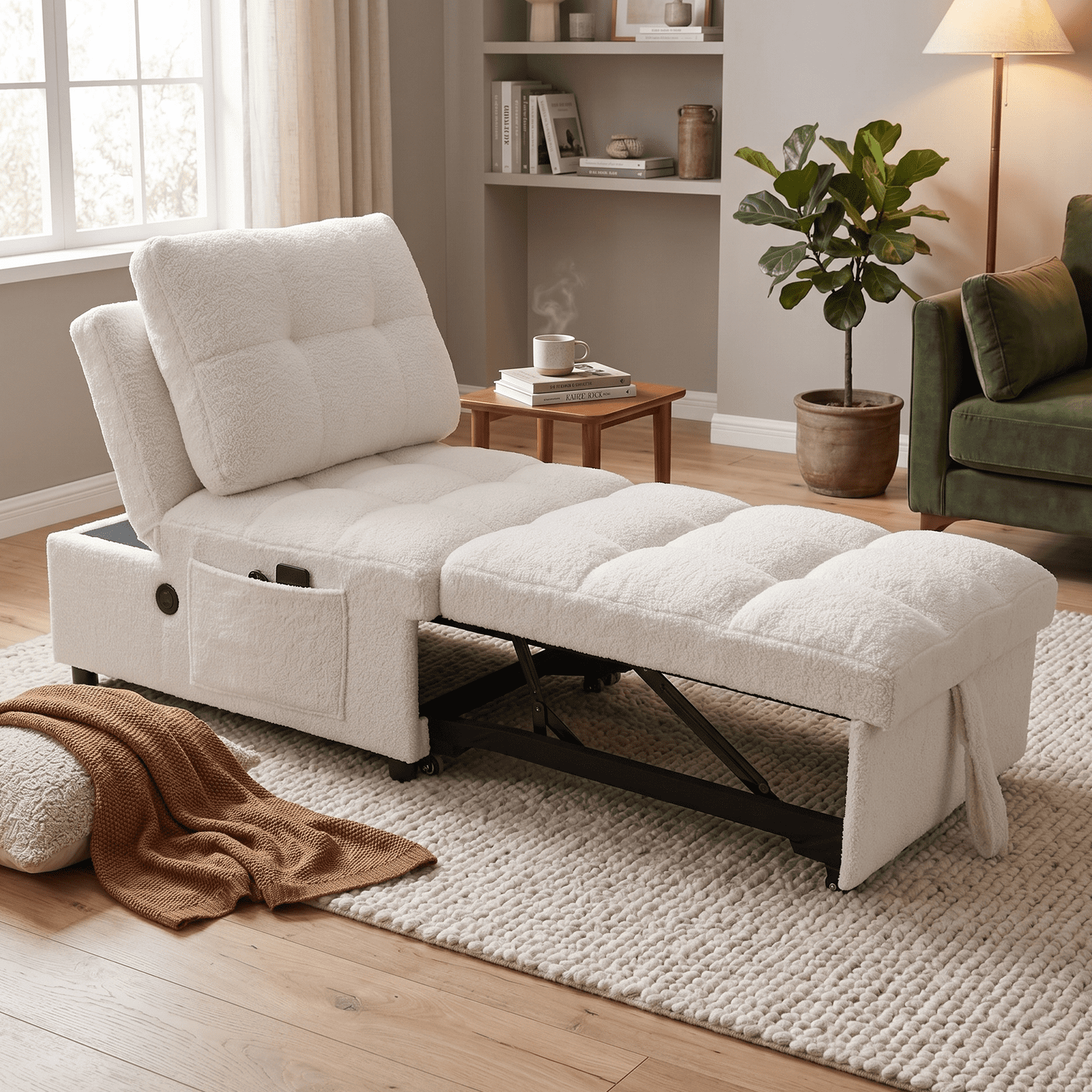 3-in-1 Convertible Sleeper Chair with USB Charging Port,Teddy Pull-Out Futon Sofa Bed Recliner Chair for Living Room, Small Spaces,White