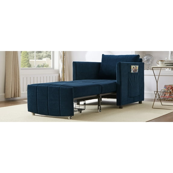 3-in-1 Convertible Sleeper Sofa, 31.5" Wide with 5-Position Adjustable Backrest, Pull-Out Bed, Storage Pockets & Basket, Space-Saving for Apartments, Blue