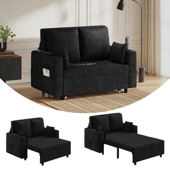 3-in-1 Convertible Sleeper Sofa Bed - 56'' Pull-Out Loveseat with 4 Pillows, USB Charging Port, Cup Holders & Side Pockets - Ideal for Living Room or Bedroom, Black