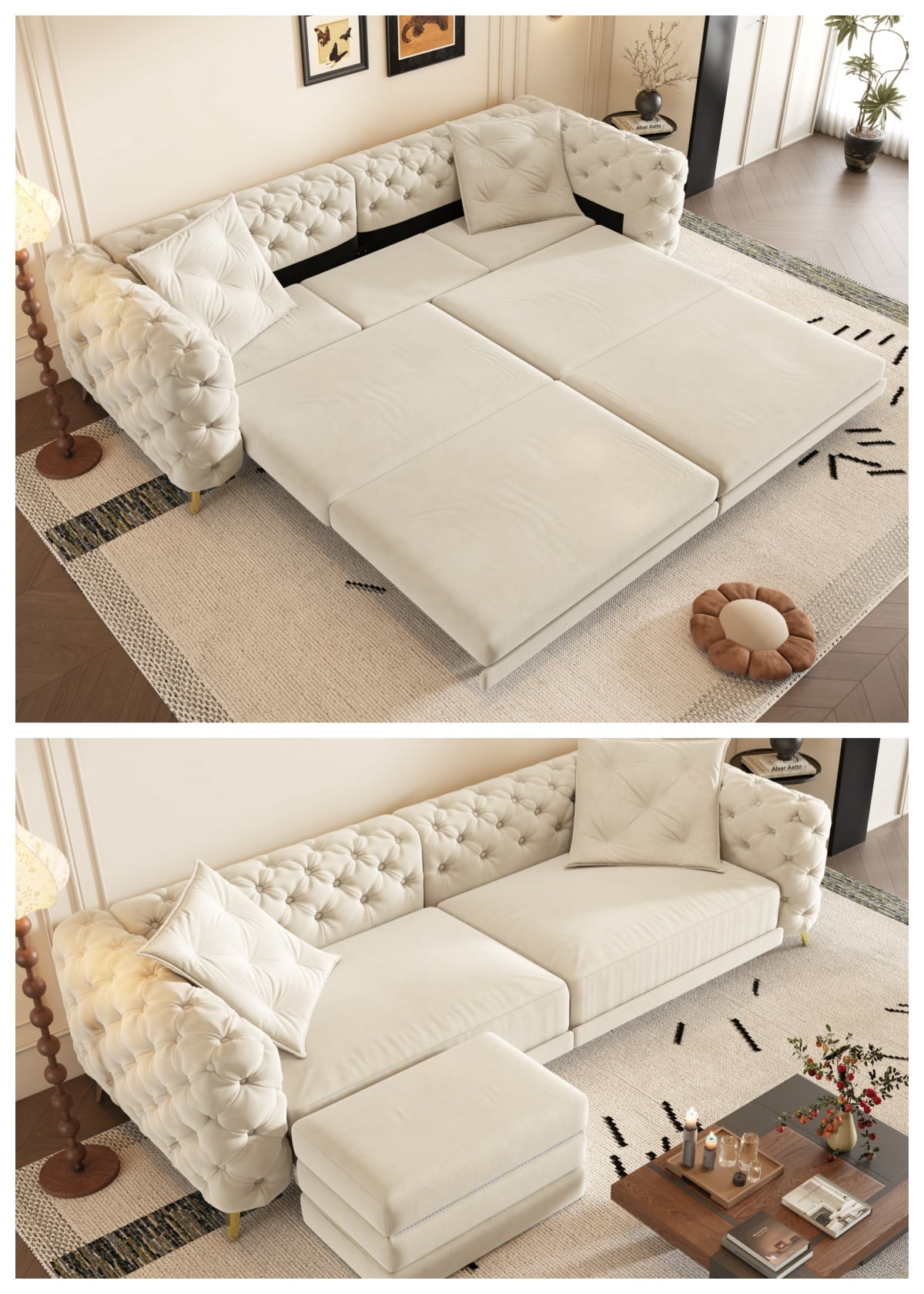 3-in-1 Convertible Sleeper Sofa Bed, 97.7'' 4-Seater Velvet Couch with Pull Out Bed & Movable Ottoman, Deep Seat Tufted Futon for Living Room, Apartment & Office