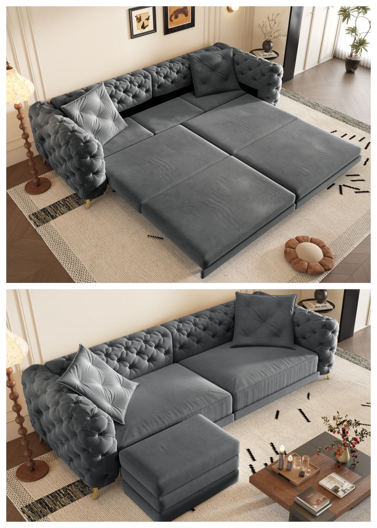 3-in-1 Convertible Sleeper Sofa Bed, 97.7'' 4-Seater Velvet Couch with Pull Out Bed & Movable Ottoman, Deep Seat Tufted Futon for Living Room, Apartment & Office