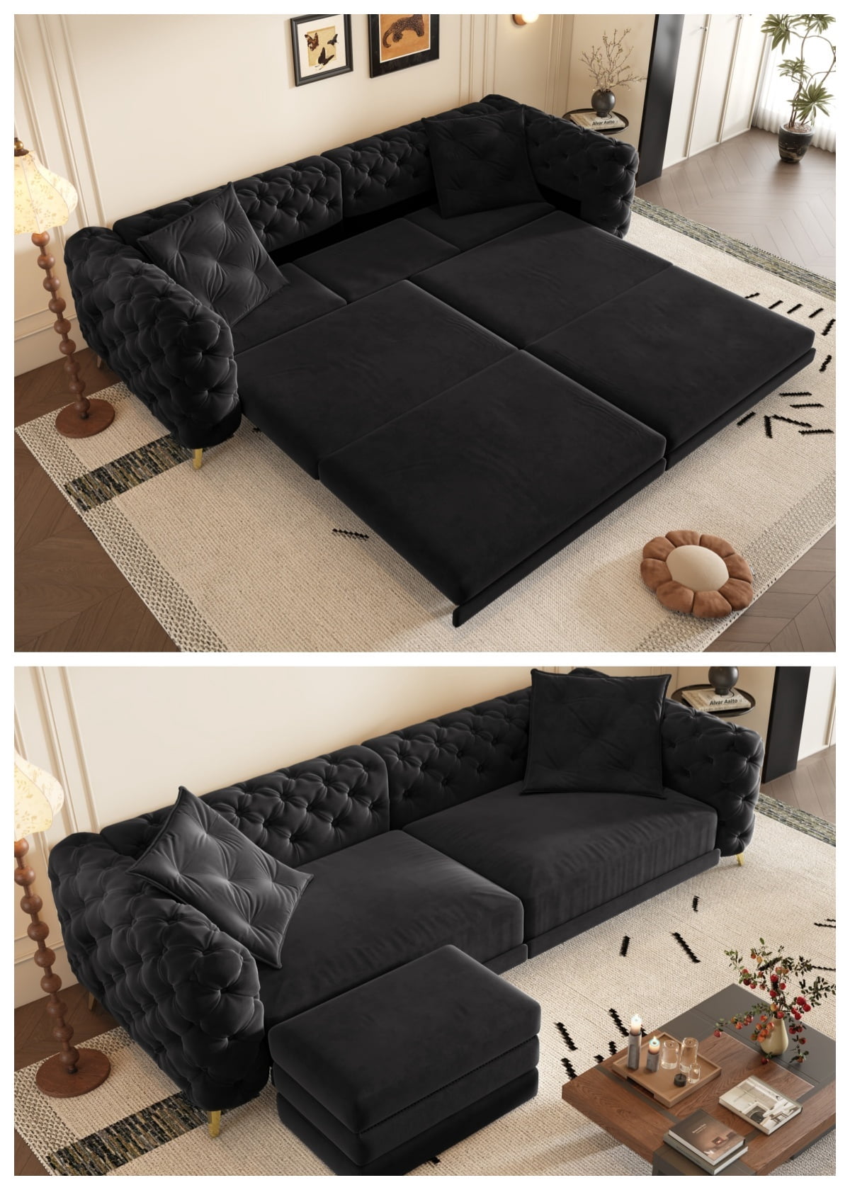 3-in-1 Convertible Sleeper Sofa Bed, 97.7'' 4-Seater Velvet Couch with Pull Out Bed & Movable Ottoman, Deep Seat Tufted Futon for Living Room, Apartment & Office