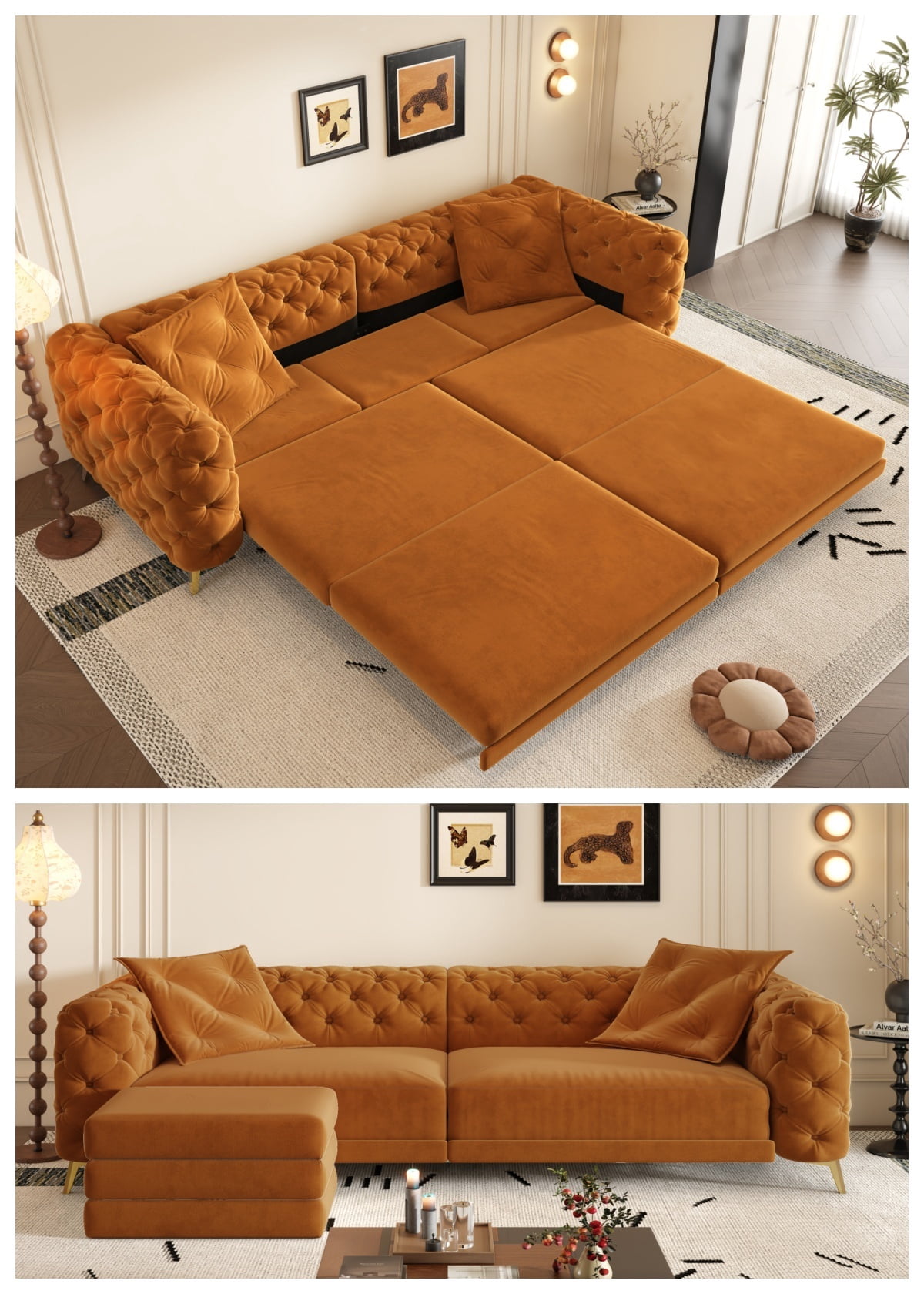 3-in-1 Convertible Sleeper Sofa Bed, 97.7'' 4-Seater Velvet Couch with Pull Out Bed & Movable Ottoman, Deep Seat Tufted Futon for Living Room, Apartment & Office