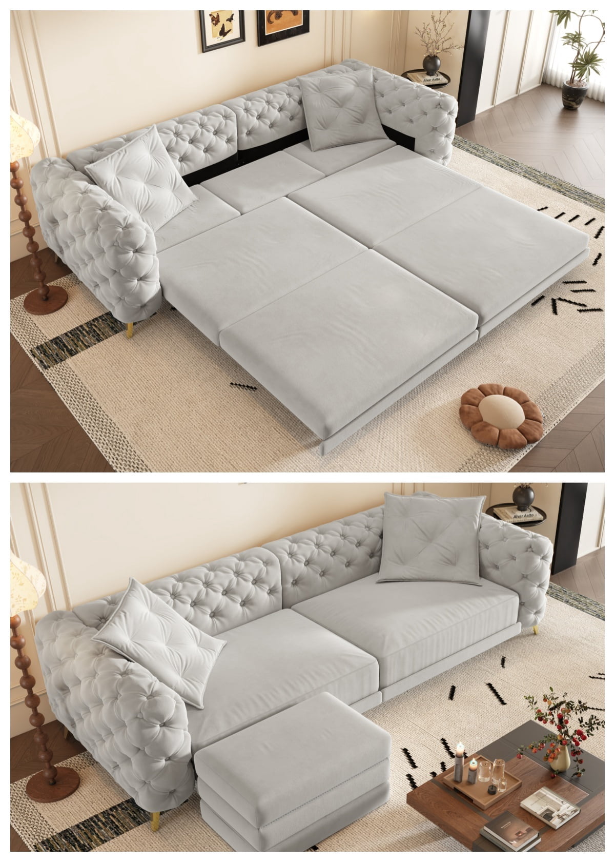3-in-1 Convertible Sleeper Sofa Bed, 97.7'' 4-Seater Velvet Couch with Pull Out Bed & Movable Ottoman, Deep Seat Tufted Futon for Living Room, Apartment & Office