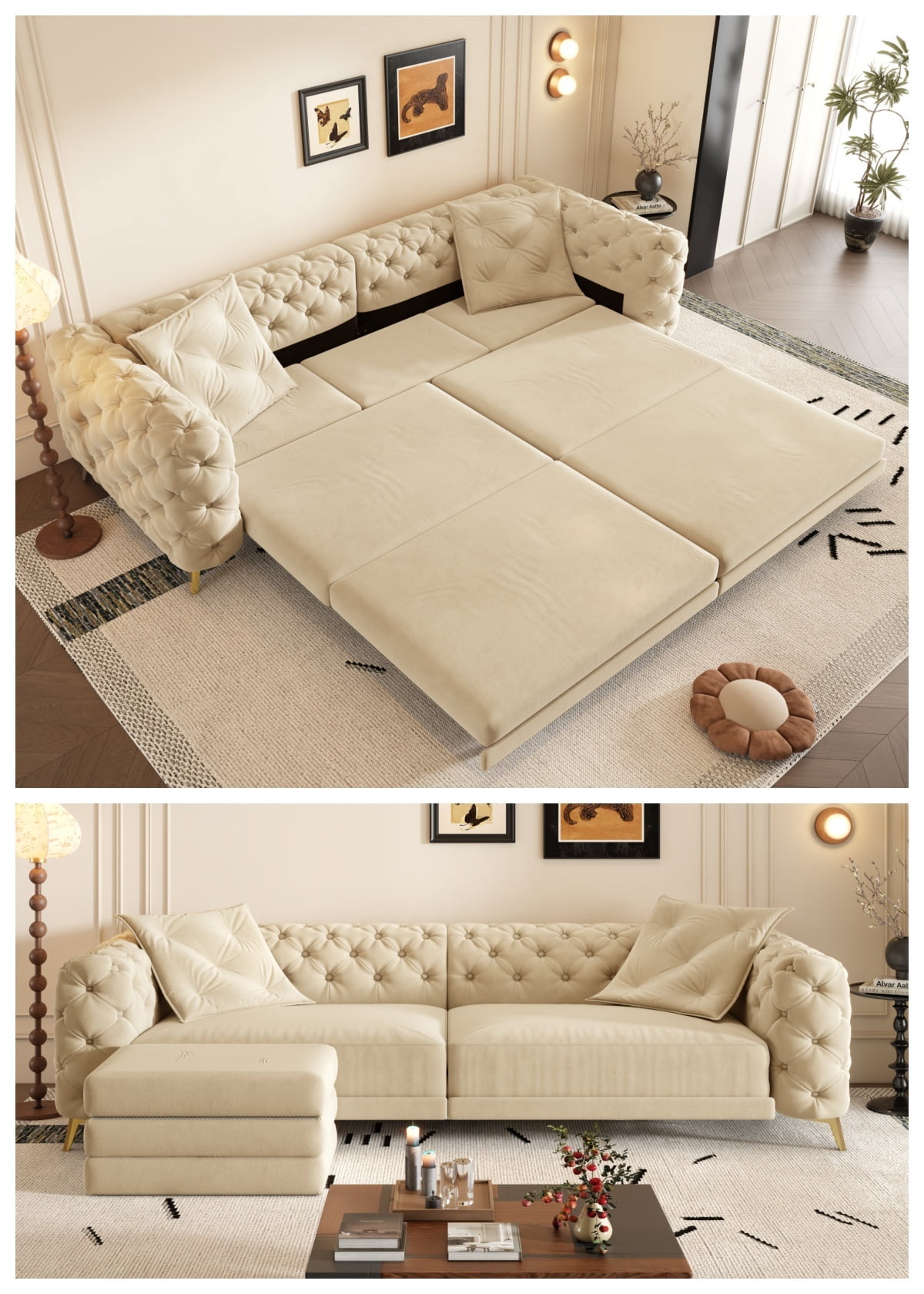 3-in-1 Convertible Sleeper Sofa Bed, 97.7'' 4-Seater Velvet Couch with Pull Out Bed & Movable Ottoman, Deep Seat Tufted Futon for Living Room, Apartment & Office