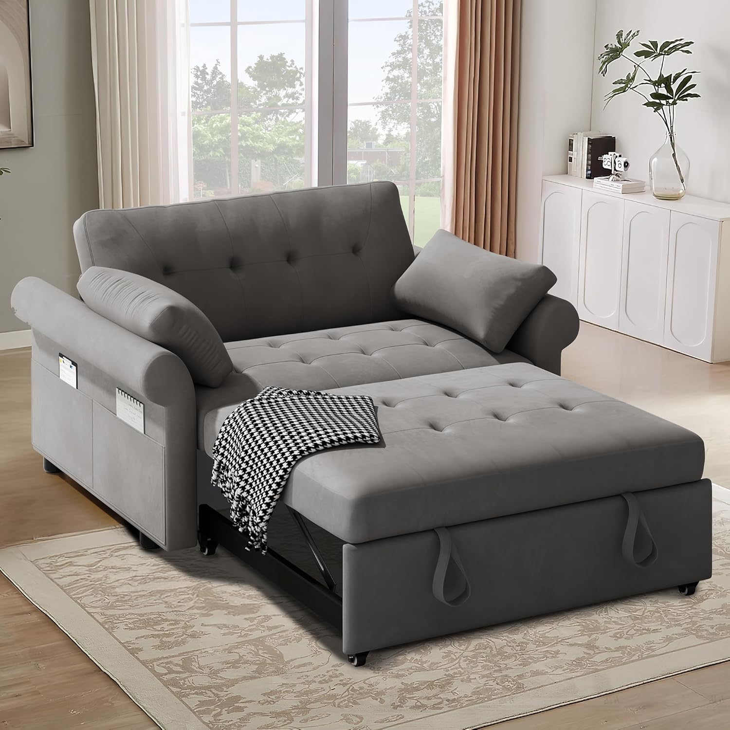 3-in-1 Convertible Sleeper Sofa Bed, Pullout Couch with Reclining Backrest & Storage Pockets, Modern Lounge Furniture for Living Room, Includes Toss Pillows, Blue Gray