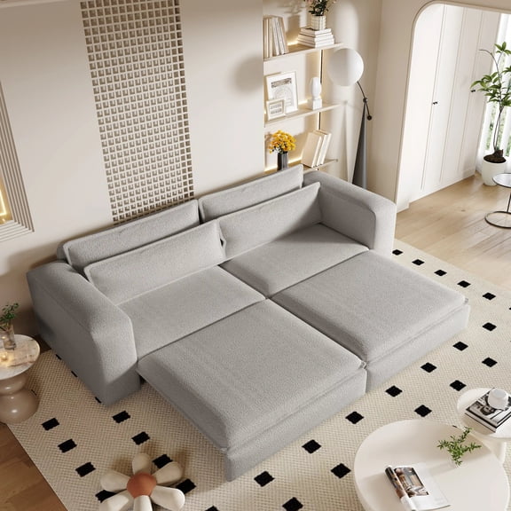 3-in-1 Convertible Sleeper Sofa Bed Sherpa Fleece Pull Out King Grey