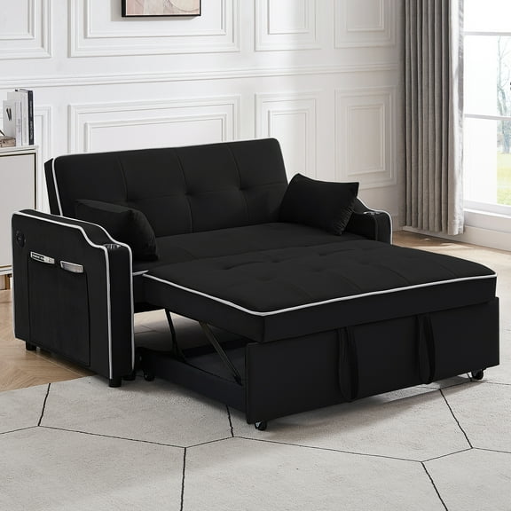 3-in-1 Convertible Sleeper Sofa Bed with USB Port Cupholder Side Pocket  Adjustable Backrest and Pillows Modern Velvet Loveseat Futon Couch for Home Office