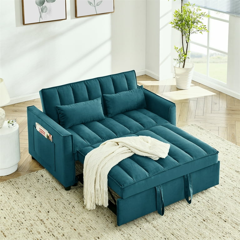 3 in 1 Convertible Sleeper Sofa Bed Velvet Pull Out Loveseat Futon Sofa Couch with Adjustable Backrest and Pillows Lounger Armchair Bed with Side