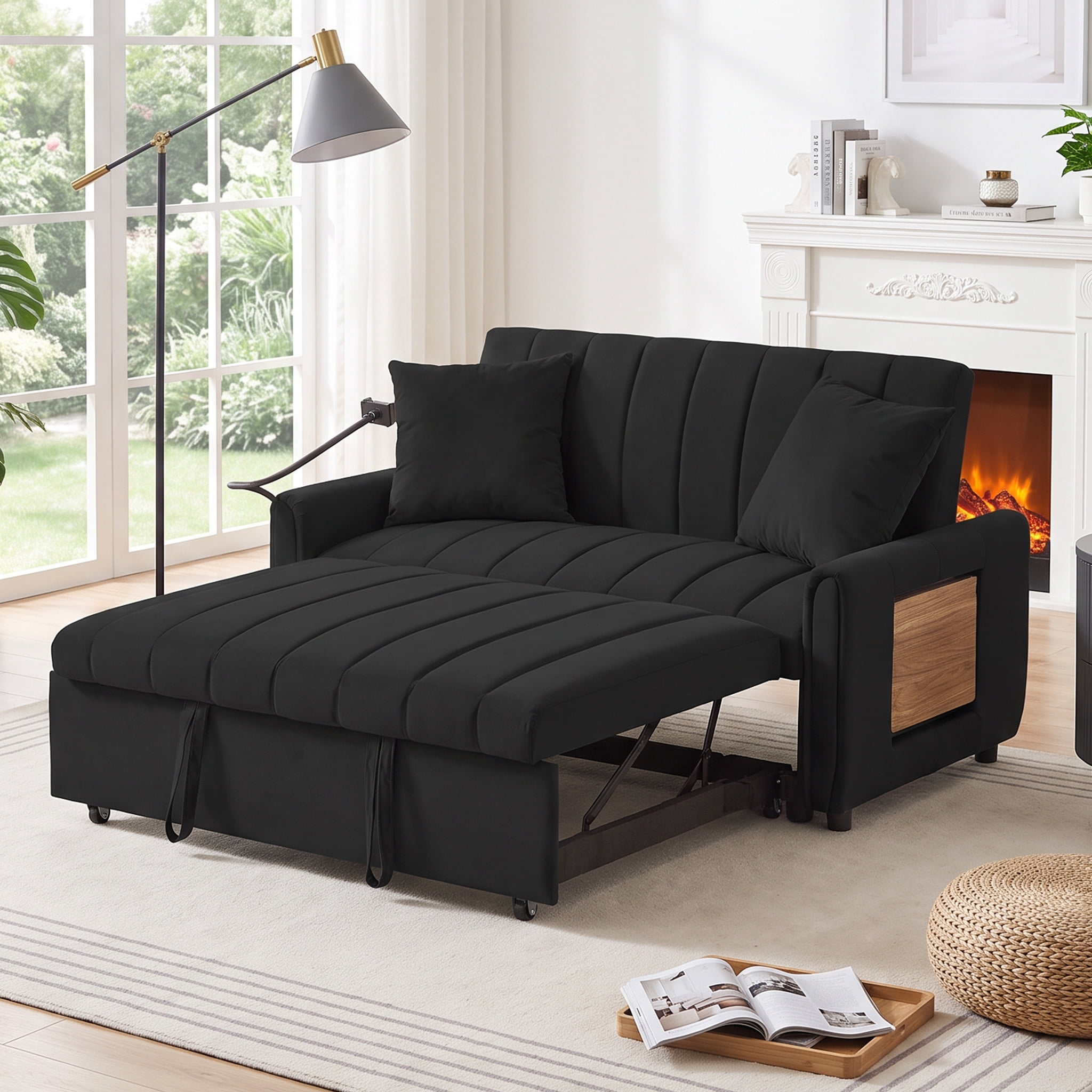 3‑in‑1 Convertible Sleeper Sofa Bed, Velvet Pull‑Out Loveseat Sofa with 3‑Level Adjustable Backrest, USB Charging Ports, Foldable Side Table & Phone Holder for Living Room Apartment, Black