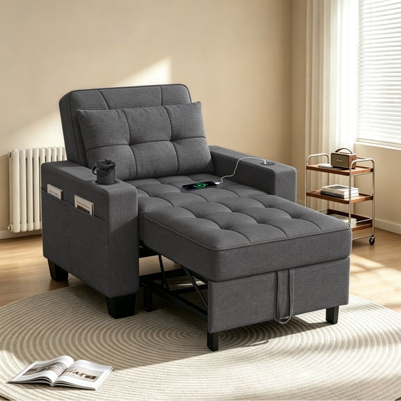 3 in 1 Convertible Sleeper Sofa Pull Out Chair Bed with Usb Port Sleeping Couch Dark Gray