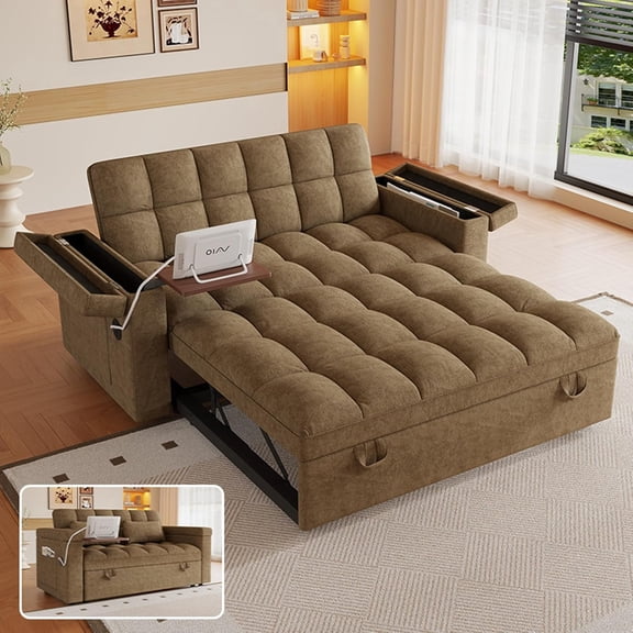 3 in 1 Convertible Sleeper Sofa,Sleeper Couch with Pull Out Bed, Storage Armrests and Laptop Table for Living Room,Sleeper Sofa, Pullout Couch Bed
