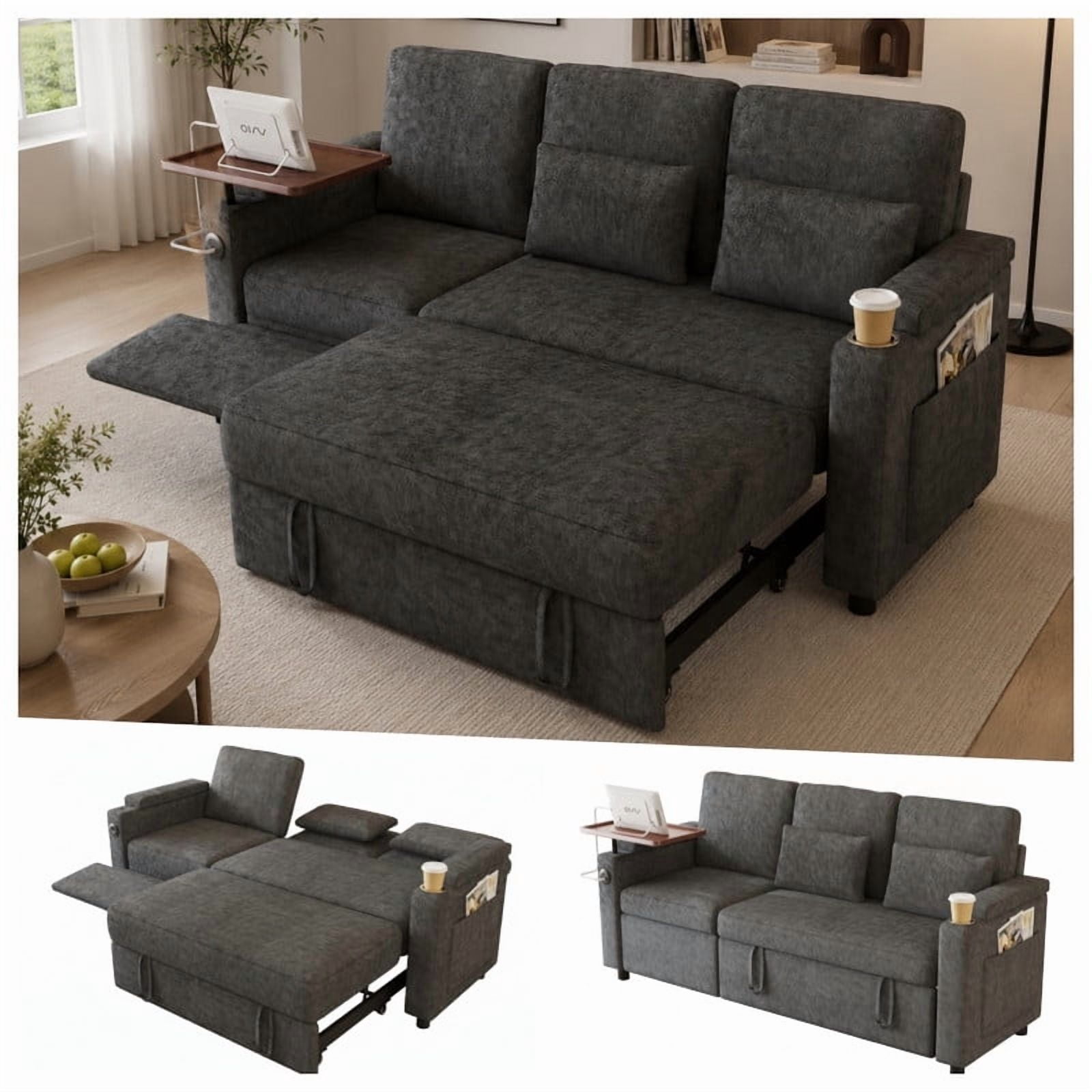 3-in-1 Convertible Sofa Bed, 3-Seater Chenille Couch with Adjustable Backrest, USB Charging Ports, Table Board and Storage Armrests, 81'' Foldable Sleeper Sofa for Living Room