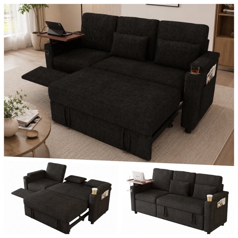 3-in-1 Convertible Sofa Bed, 3-Seater Chenille Couch with Adjustable Backrest, USB Charging Ports, Table Board and Storage Armrests, 81'' Foldable Sleeper Sofa for Living Room