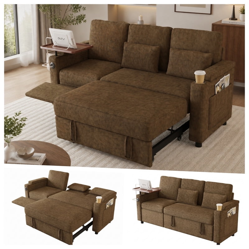 3-in-1 Convertible Sofa Bed, 3-Seater Chenille Couch with Adjustable Backrest, USB Charging Ports, Table Board and Storage Armrests, 81'' Foldable Sleeper Sofa for Living Room