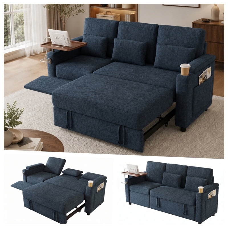 3-in-1 Convertible Sofa Bed, 3-Seater Chenille Couch with Adjustable Backrest, USB Charging Ports, Table Board and Storage Armrests, 81'' Foldable Sleeper Sofa for Living Room