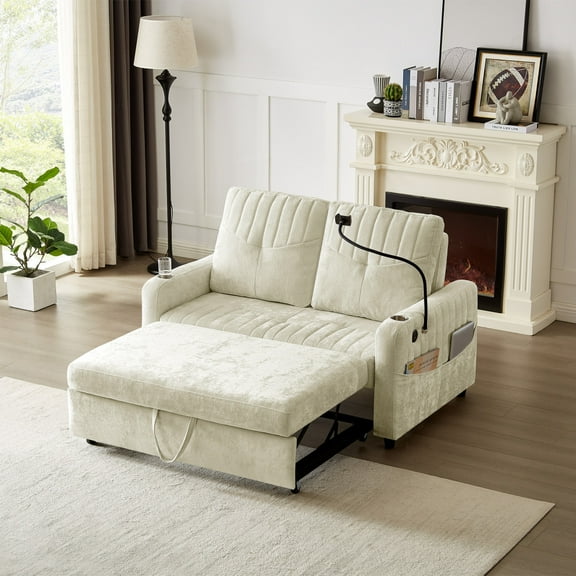 3-in-1 Convertible Sofa Bed, 54" Loveseat Sleeper with Cup Holders & Phone Holder and Charging Station, Pull Out Couch with Adjustable Backrest & Pockets for Living Room Apartment, Beige