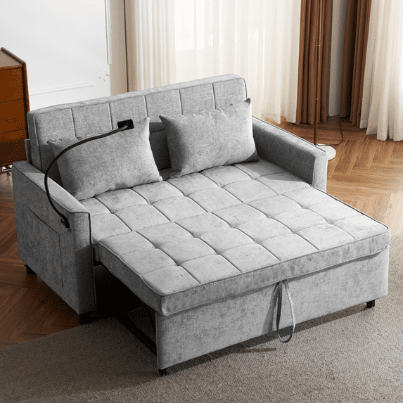 3-in-1 Convertible Sofa Bed, 57" Pull Out Sleeper Sofa with Charging Station & Phone Holder and Adjustable Backrest, Chenille Loveseat Sofa with Side Pocket, Grey