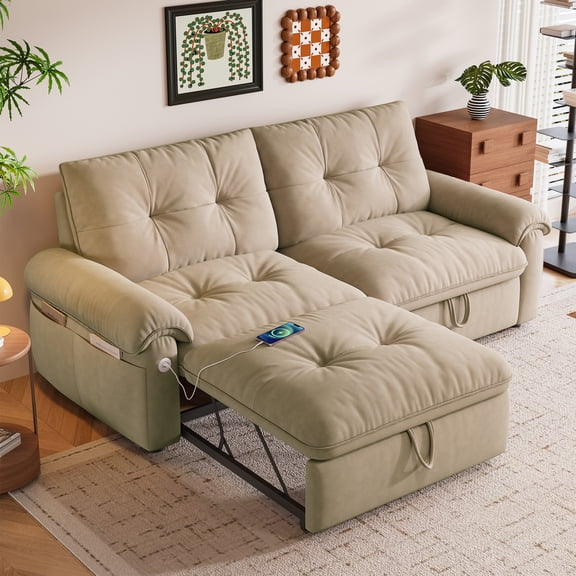 3-in-1 Convertible Sofa Bed, 77" Loveseat Sleeper Sofa with Charging Ports, Velvet Pull Out Couch with Adjustable Backrest and Side Pockets for Living Room, Brown