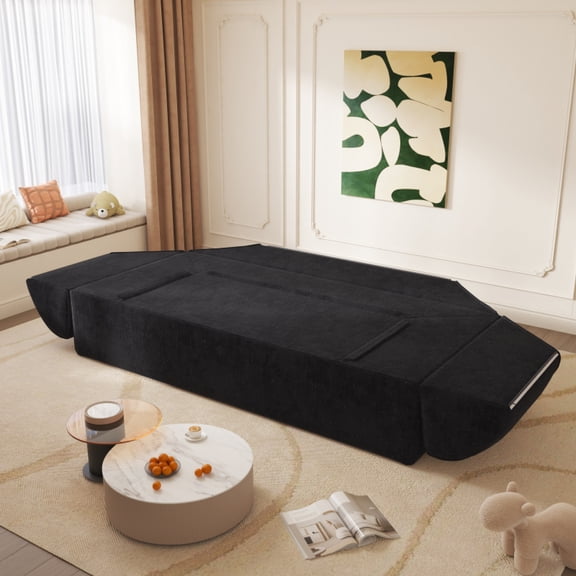 3-in-1 Convertible Sofa Bed, 79.5" Modern Deep Seat Couch with 2 Pillows, 3-Seater Sofa, Sparkling Chenille Fabric Sofa,Chaise Lounge for Living Room, Studio,Office,Black