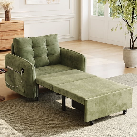 3-in-1 Convertible Sofa Bed, 80" Extra Long Pull Out Bed with USB Charging, Storage Pockets and Box, Chenille Recliner Single Sleeper Sofa for Living Room, Green