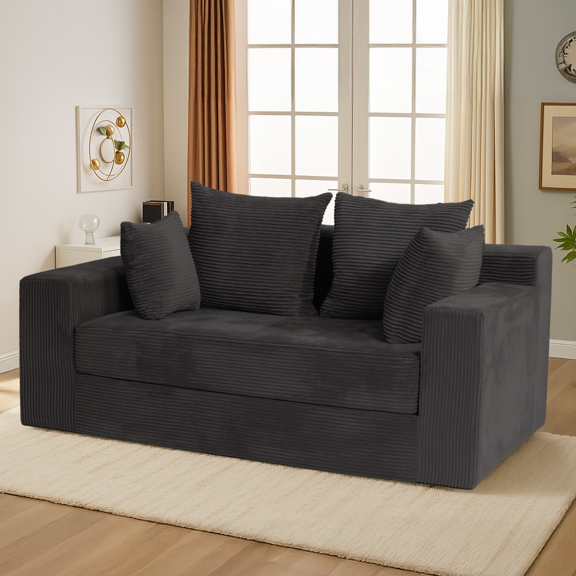 3-in-1 Convertible Sofa Bed: Boneless Loveseat Sleeper & Folding Couch Bed with 4 Pillows for Bedroom, Small Space, Guest and Living Room, Corduroy Futon, No Assembly,Black
