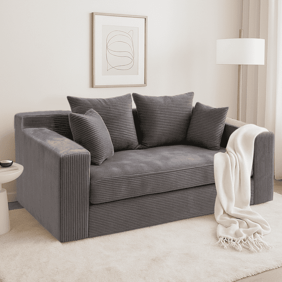 3-in-1 Convertible Sofa Bed: Boneless Loveseat Sleeper & Folding Couch Bed with 4 Pillows for Bedroom, Small Space, Guest and Living Room, Corduroy Futon, No Assembly,Grey