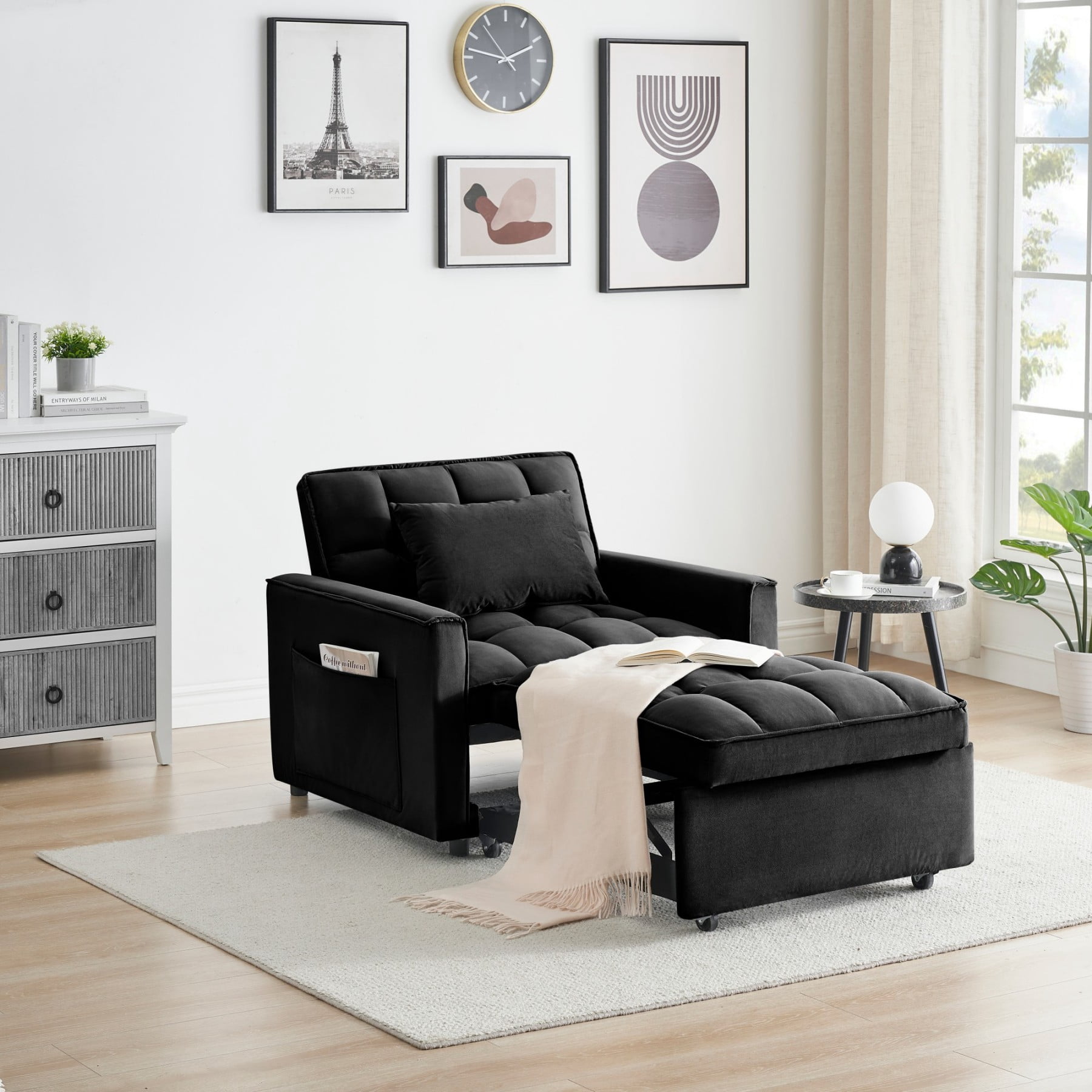 3-in-1 Convertible Sofa Bed Chair, Adjustable Recliner Sleeper Couch for Small Spaces Living Room Office, Black