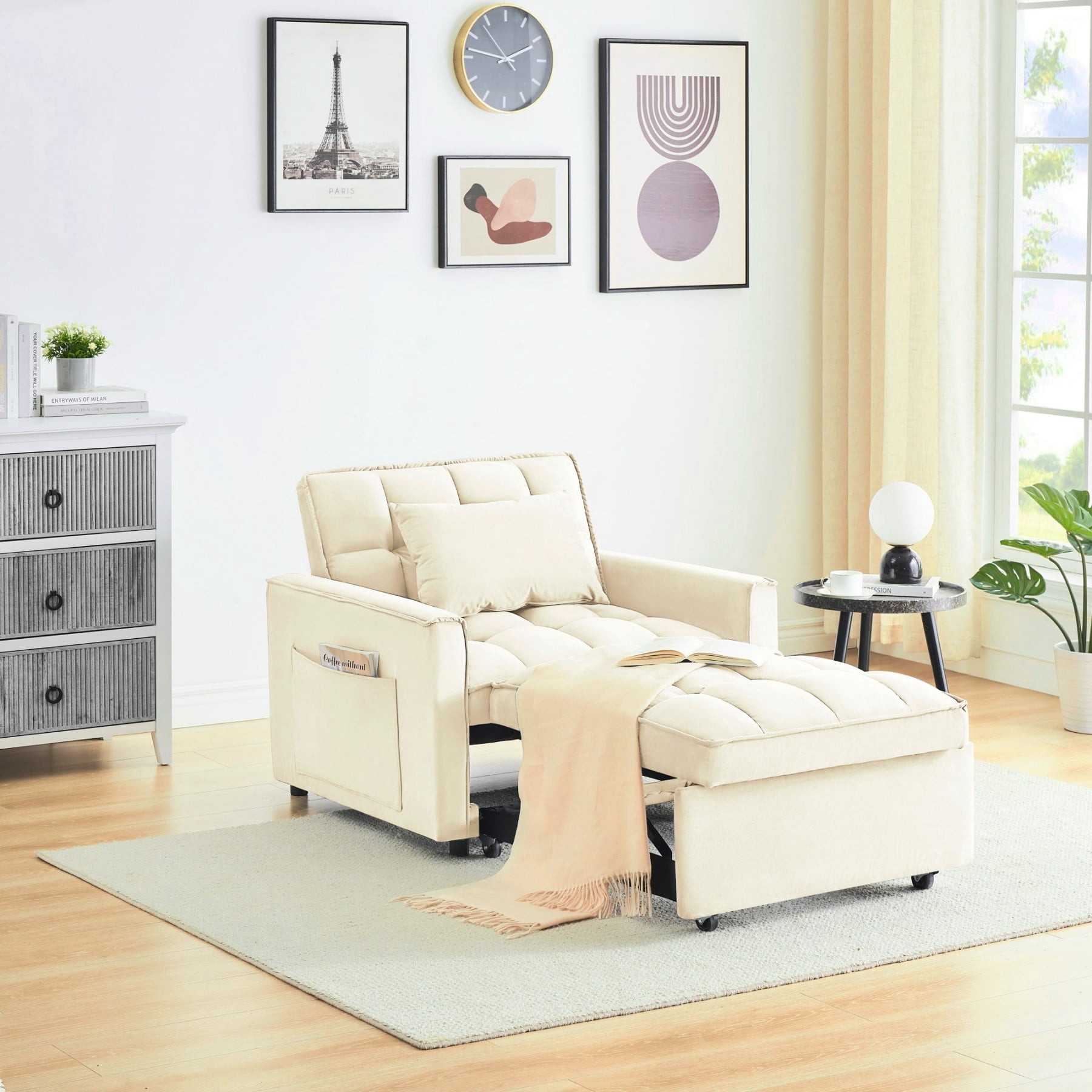 3-in-1 Convertible Sofa Bed Chair, Adjustable Recliner Sleeper Couch for Small Spaces Living Room Office, Creamy White