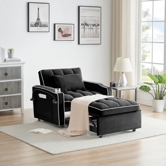 3-in-1 Convertible Sofa Bed Chair, Adjustable Recliner Sleeper Couch for Small Spaces Living Room Office, Matt Black