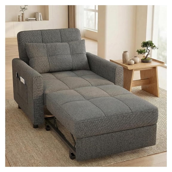 3-in-1 Convertible Sofa Bed Chair, Pullout Adjustable Backrest Linen Fabric Single Guest Couch for Apartment Bedroom Living Room, 75 Inch Extended Length with Steel Frame
