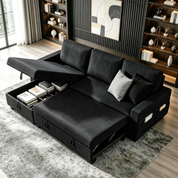 3 in 1 Convertible Sofa Bed, Lofka 80" Sectional Sleeper Sofa with Storage Chaise, L-Shaped Couch for Living Room, Black
