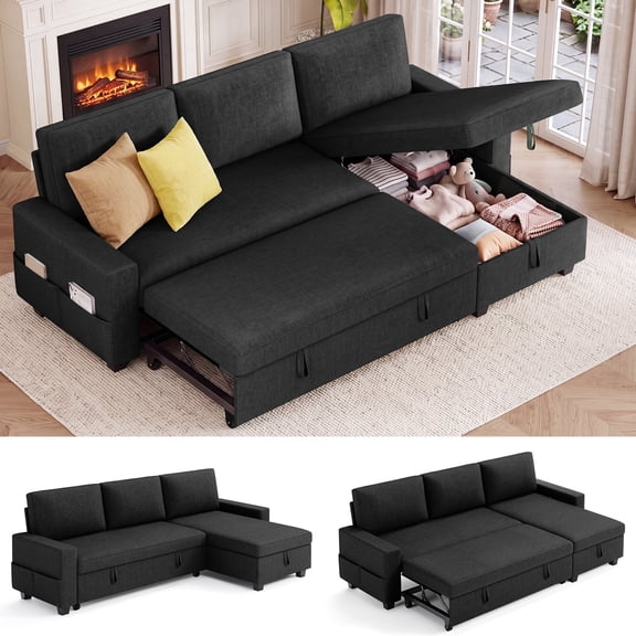 3 in 1 Convertible Sofa Bed, Lofka 80" Sectional Sleeper Sofa with Storage Chaise, L-Shaped Couch for Living Room, Black