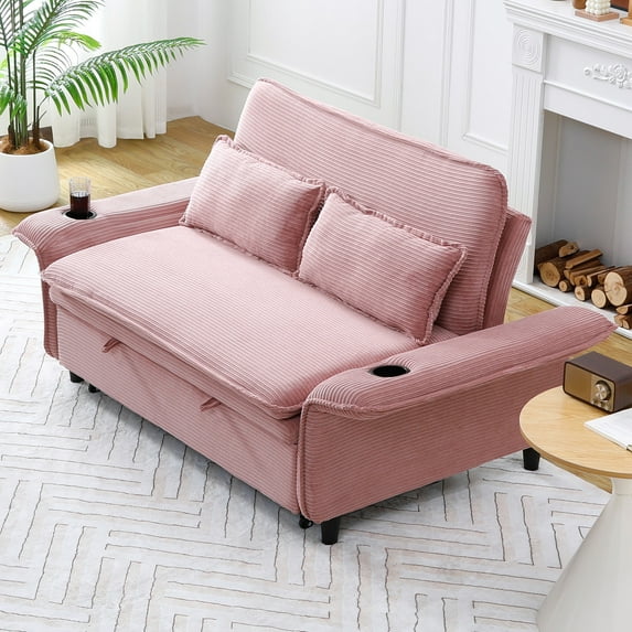 3-in-1 Convertible Sofa Bed,Modern Corduroy Sleeper Sofa with Pull Out Bed,Loveseat Couch with Adjustable Armrest for Living Room,Pink