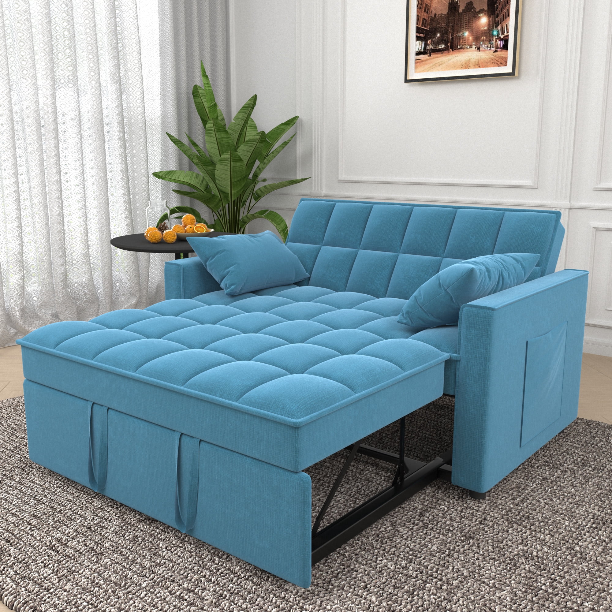 3 in 1 Convertible Sofa Bed,Modern Linen Fabric Sleeper Sofa with Pull Out Bed,Loveseat Couch with Adjustable Backrest for Living Room,Light Blue