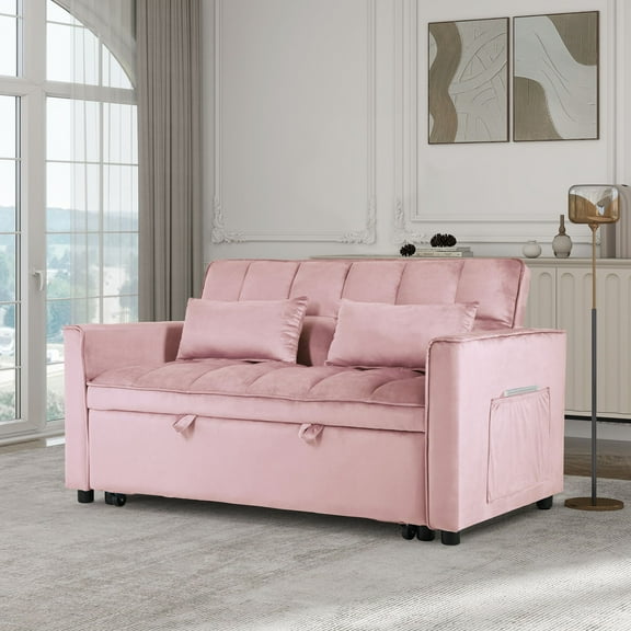 3-in-1 Convertible Sofa Bed Pull-Out Sleeper Loveseat with Reclining Backrest & Pillows, Pink Multi-Functional Couch for Living Room, Home & Office