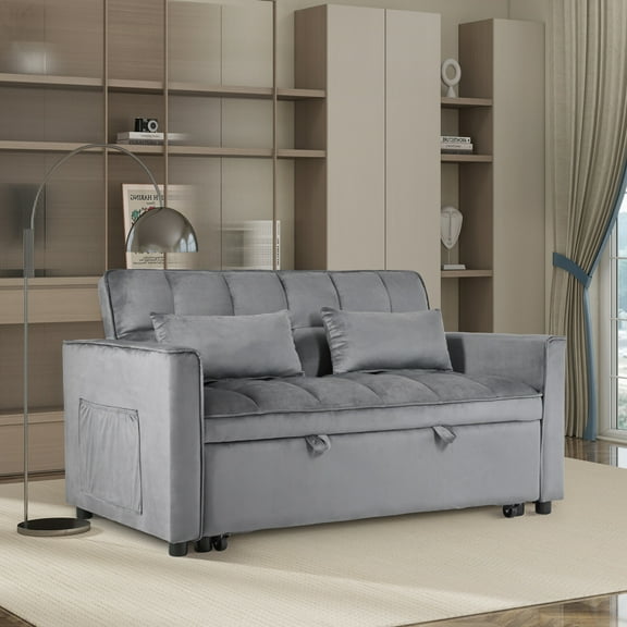 3-in-1 Convertible Sofa Bed with Reclining Backrest - Light Gray Velvet Loveseat for Living Room & Home Office, Easy Pull-Out Sleeper, Space-Saving Comfort