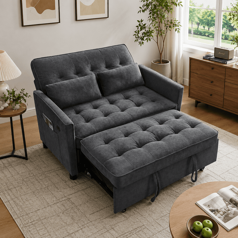 3-in-1 Convertible Sofa Bed with USB Charging Ports, Pull-Out Sleeper Sofa with Adjustable Backrest and Side Pocket, Compact Loveseat Couch for Living Room, Apartment, Dorm