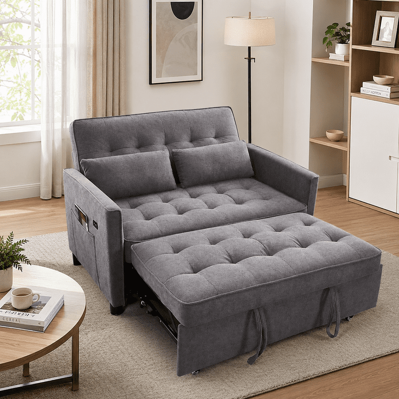 3-in-1 Convertible Sofa Bed with USB Charging Ports, Pull-Out Sleeper Sofa with Adjustable Backrest and Side Pocket, Compact Loveseat Couch for Living Room, Apartment, Dorm