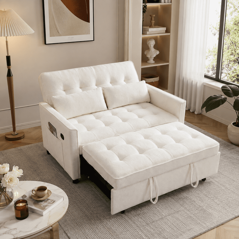 3-in-1 Convertible Sofa Bed with USB Charging Ports, Pull-Out Sleeper Sofa with Adjustable Backrest and Side Pocket, Compact Loveseat Couch for Living Room, Apartment, Dorm