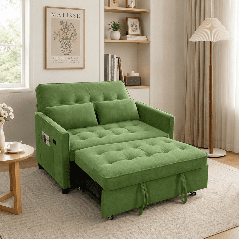 3-in-1 Convertible Sofa Bed with USB Charging Ports, Pull-Out Sleeper Sofa with Adjustable Backrest and Side Pocket, Compact Loveseat Couch for Living Room, Apartment, Dorm