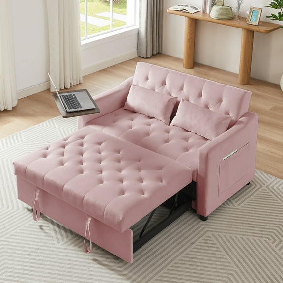 3 in 1 Convertible Sofa Bed, Velvet Sleeper Sofa Bed with Pull Out Sofa Bed, Loveseat Tufted Sofa with Side Table for Living Room,