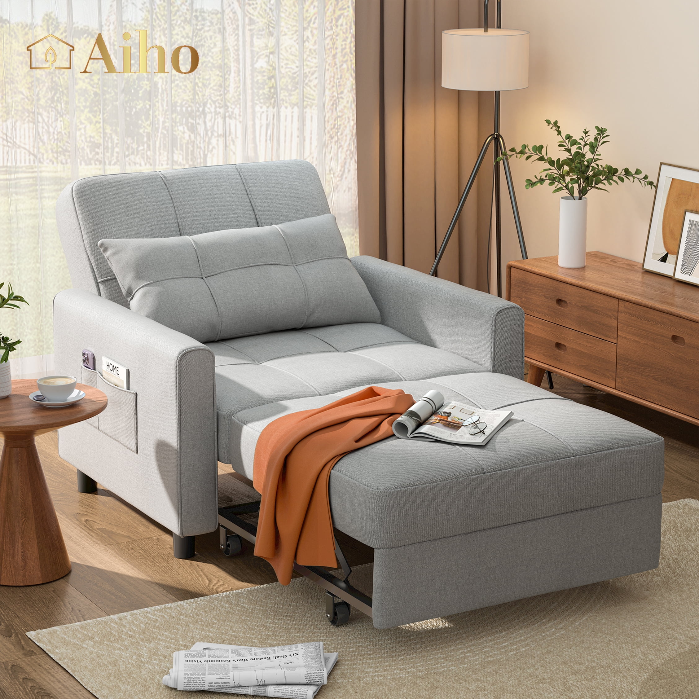 3-in-1 Convertible Sleeper Chair, Lightweight Foldable Sofa Bed for Small Spaces, Linen Upholstery, Light Gray