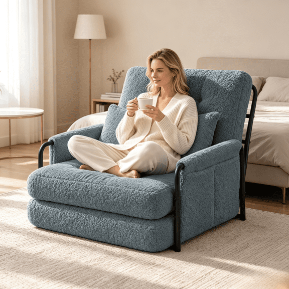 3-in-1 Convertible Sofa Chair Bed, Blue Teddy Fleece Adjustable Recliner with Pillow for Small Spaces