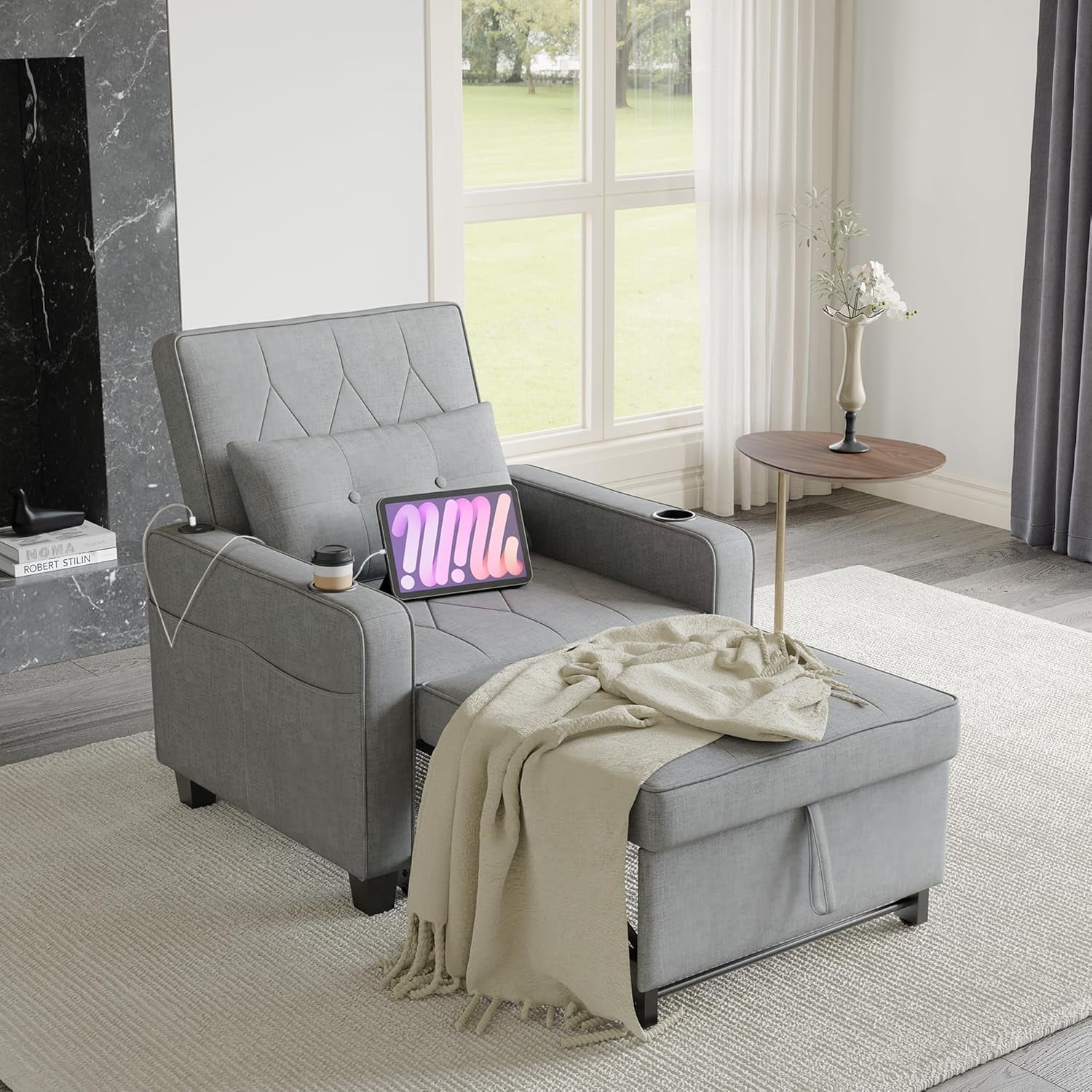 3-in-1 Convertible Sofa Chair Bed, Linen Fabric Pull Out Recliner Chair ...